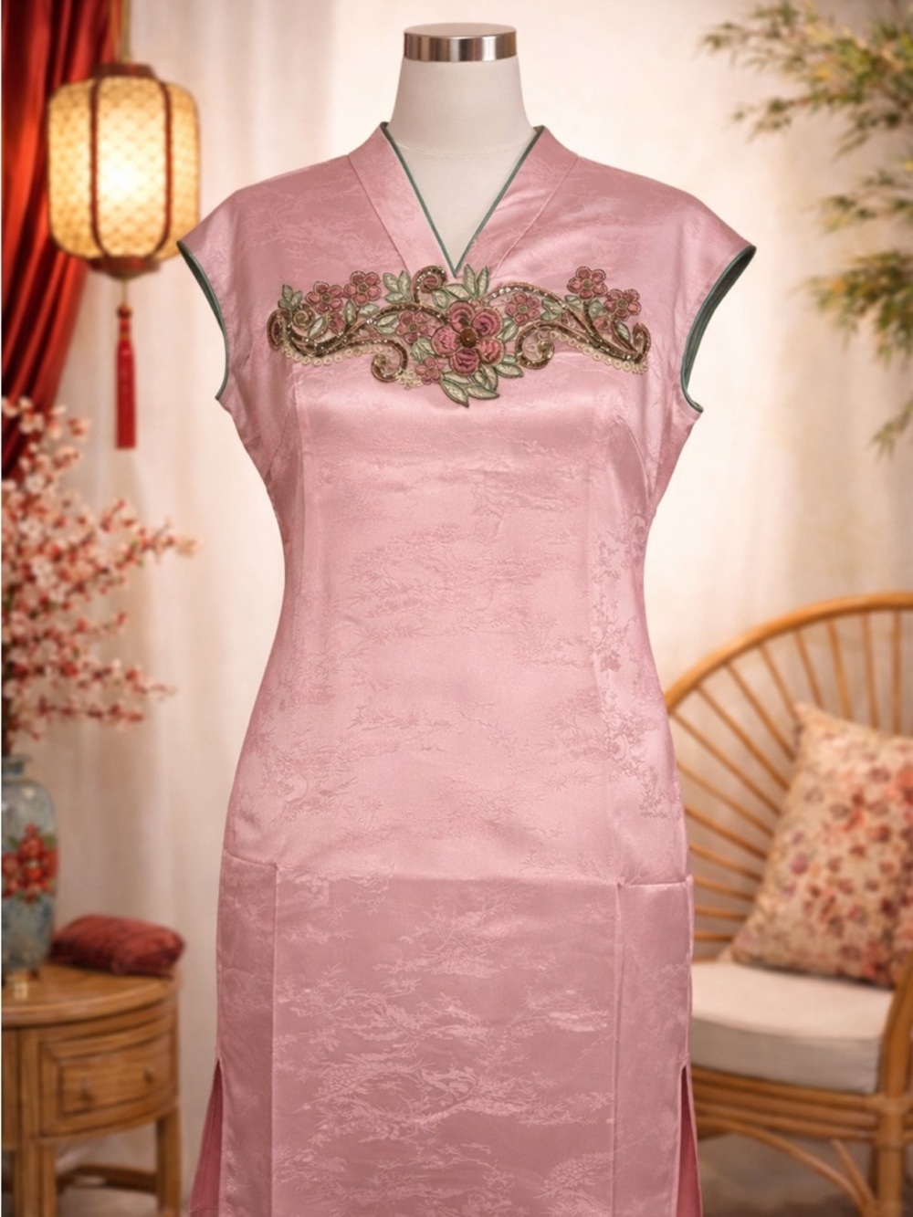 Faeriesty Pink Embroidered Satin Chinese Qipao Dress, Size 2XL